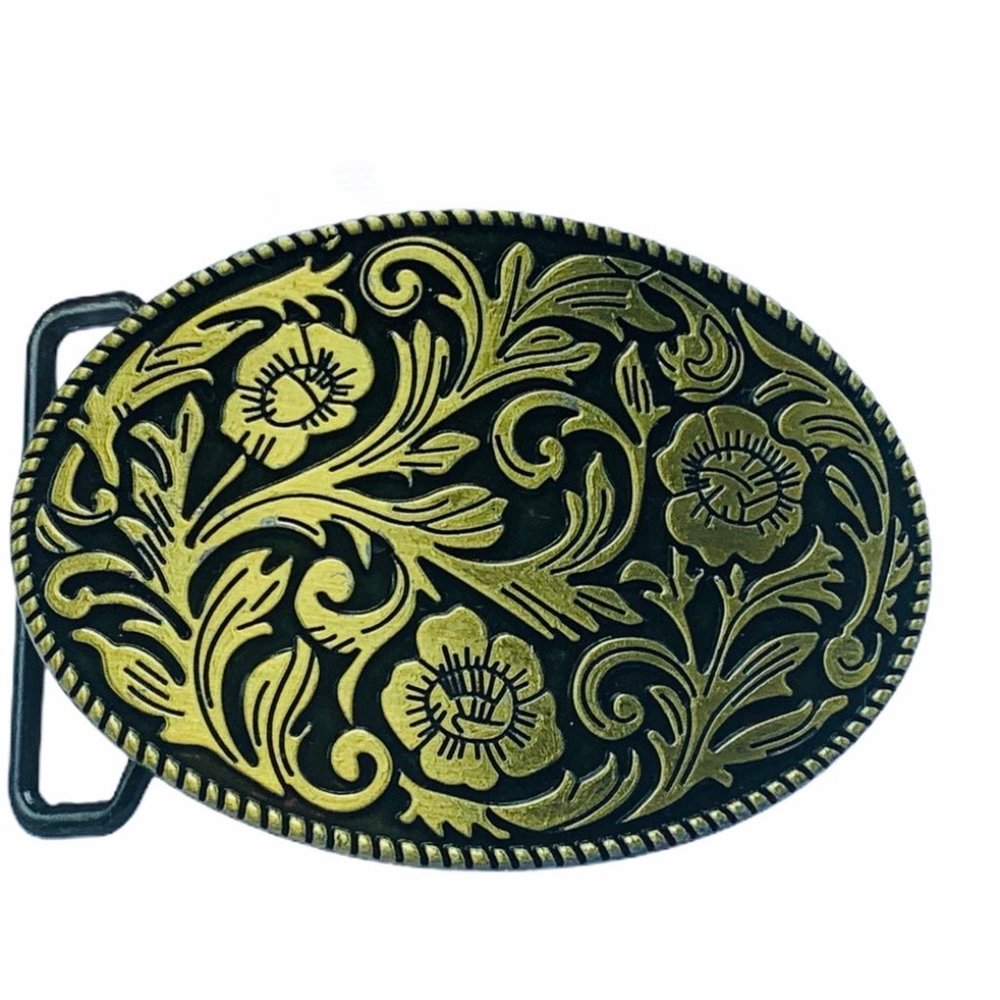 Womens belt buckle flower floral gold brass vtg